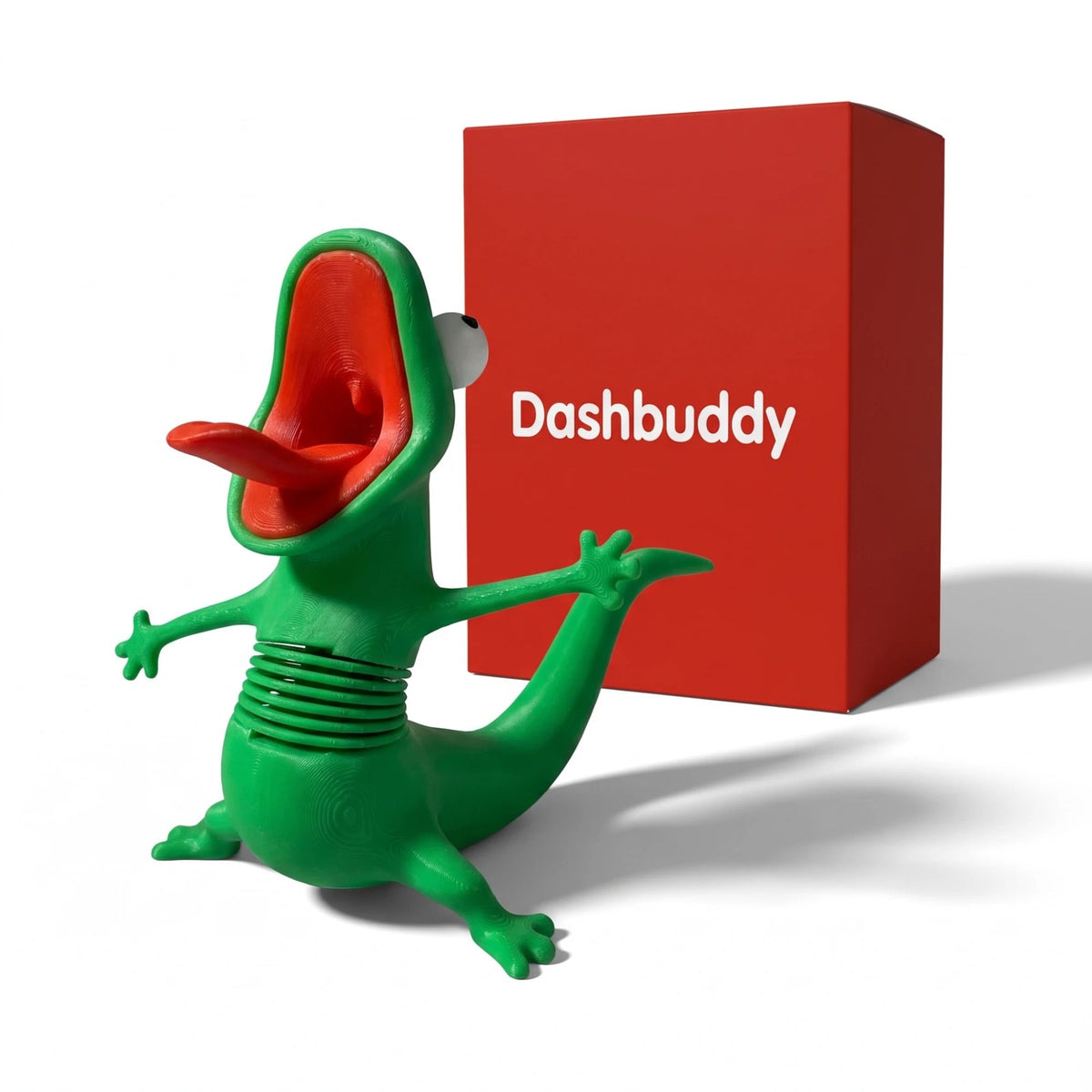 Dashbuddy spring-neck lizard next to its red box